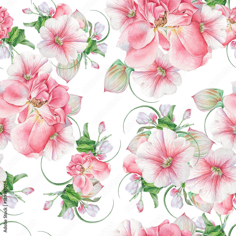 Bright seamless pattern with flowers. Rose. Petunia. Blossom. Watercolor illustration. Hand drawn.