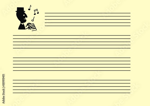 Music empty sheet note stave. 

Notebook for musical notes with picture with man and piano. Vector illustration. Black lines on light background.