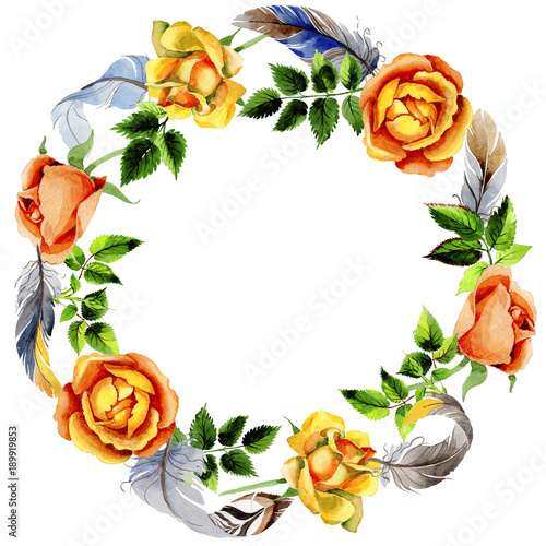 Wildflower rose flower wreath in a watercolor style. Full name of the plant: rose, hulthemia, rosa. Aquarelle wild flower for background, texture, wrapper pattern, frame or border.