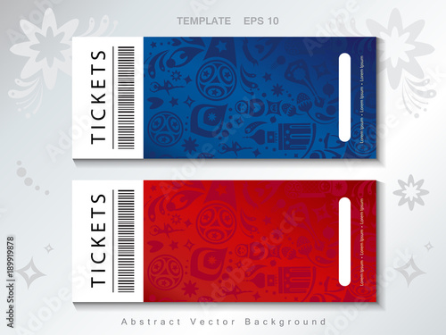 Welcome to Russia abstract invitations, tickets set, with Russian folk art elements, sports, football symbols soccer ball, stars, fireworks, pattern red and blue background, vector concept.
