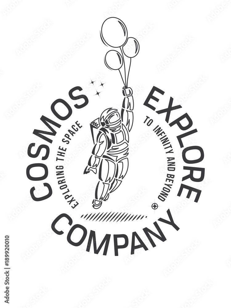 Cosmos exploration illustration black on white depicting a spaceman with balloons Cosmos exploration illustration black on white depicting a spaceman with balloons