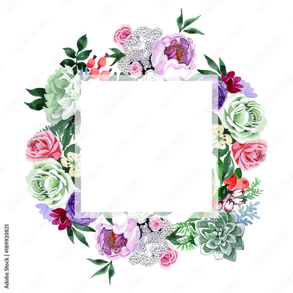 Bouquet flower wreath in a watercolor style. Full name of the plant: rose, hulthemia, rosa. Aquarelle wild flower for background, texture, wrapper pattern, frame or border.