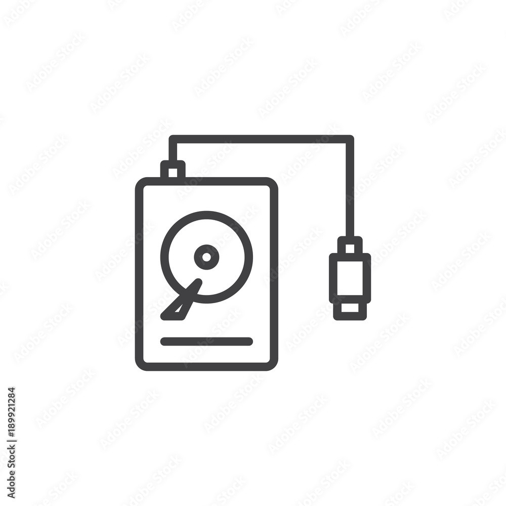 Portable HDD line icon, outline vector sign, linear style pictogram isolated on white. Hard drive disk symbol, logo illustration. Editable stroke Portable HDD line icon, outline vector sign, linear style pictogram isolated on white. Hard drive disk symbol, logo illustration. Editable stroke