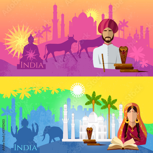 Travel to India banner. Taj mahal, elephants, saris, gods. Culture, traditions, attractions and people of India. Hinduism. illustration background set