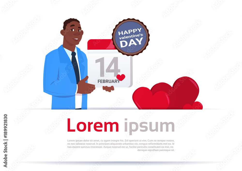 African American Man Holding Calendar Page 14 February Happy Valentines Day Concept Flat Vector Illustration