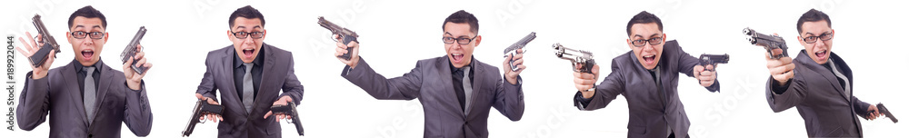 Funny businessman with gun on white Funny businessman with gun on white