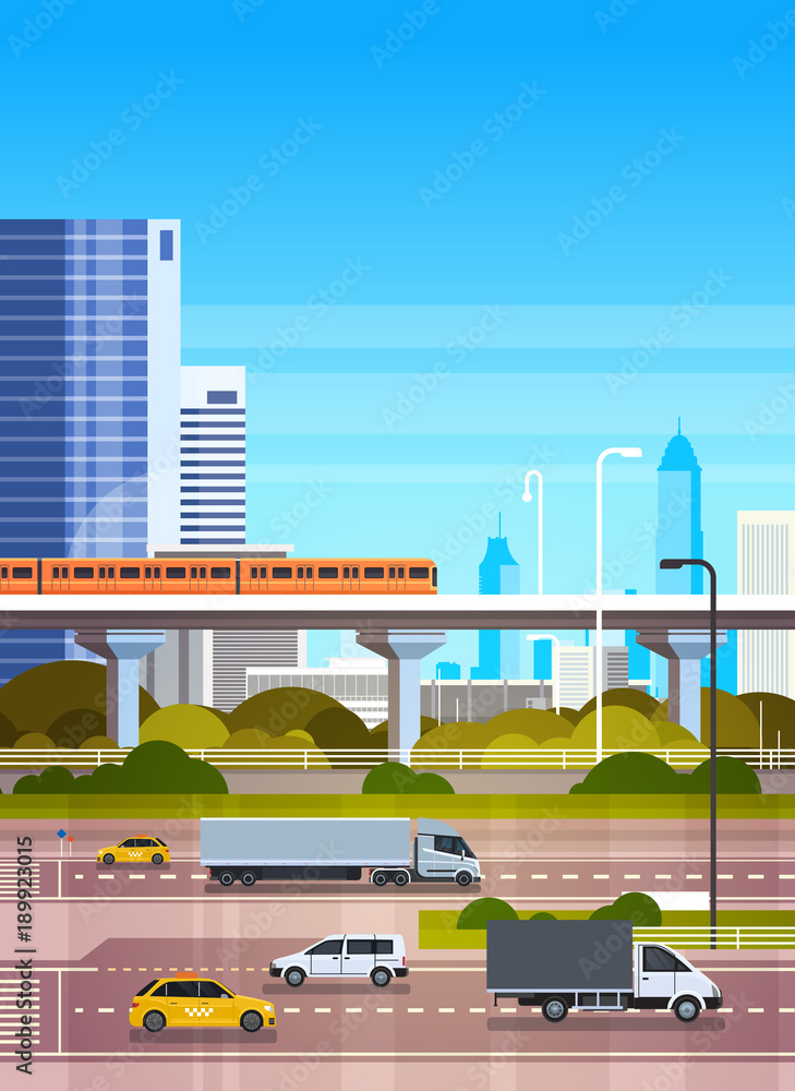 Urban Background Modern Cityscape With Highway Road And Subway Over Skyscrapers View Flat Vector Illustration