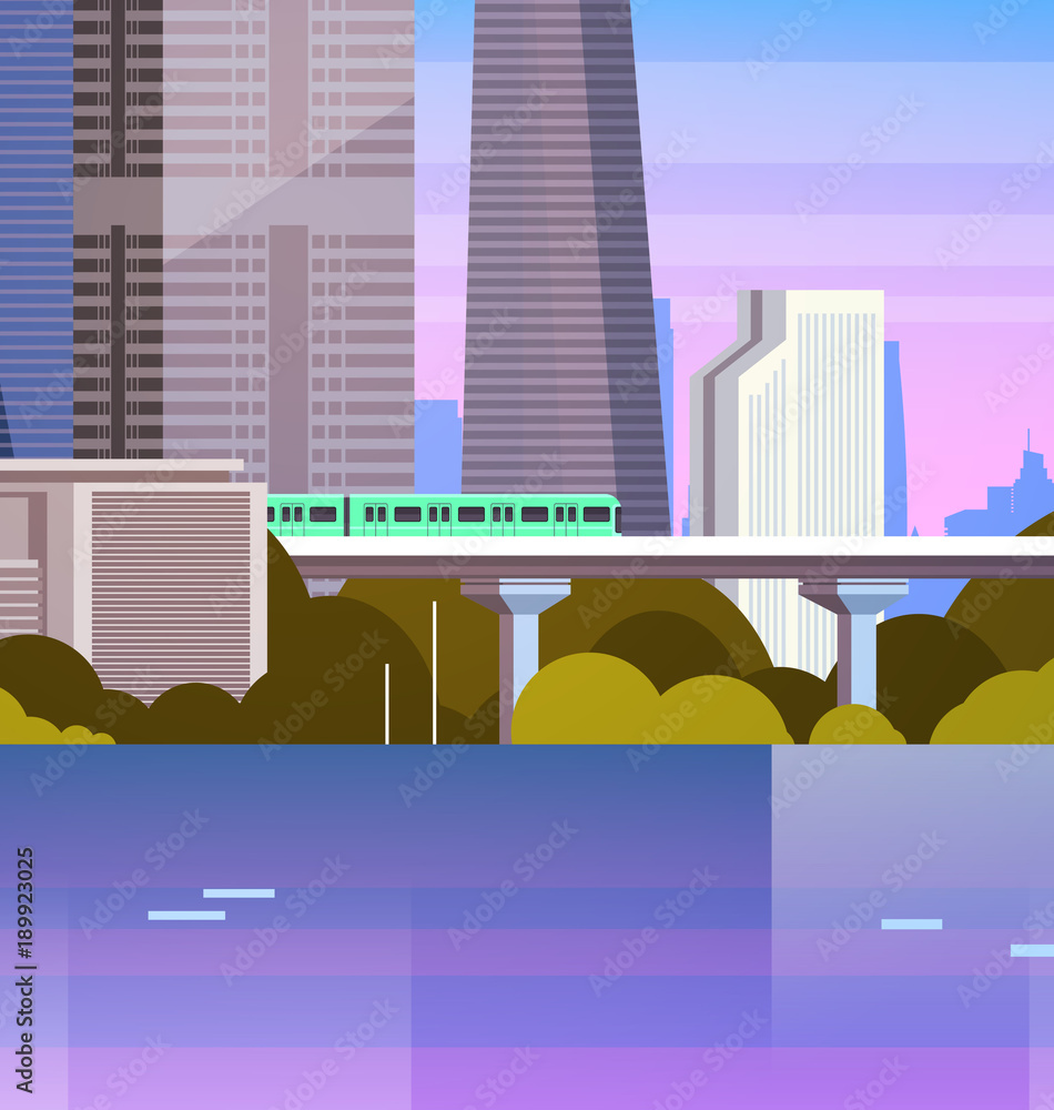 Modern Urban Panorama City With Skyscrapers And Subway Cityscape Background Flat Vector Illustration