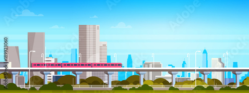 Subway Train Over Modern City Panorama With High Skyscrapers, Cityscape Background Horizontal Banner Flat Vector Illustration