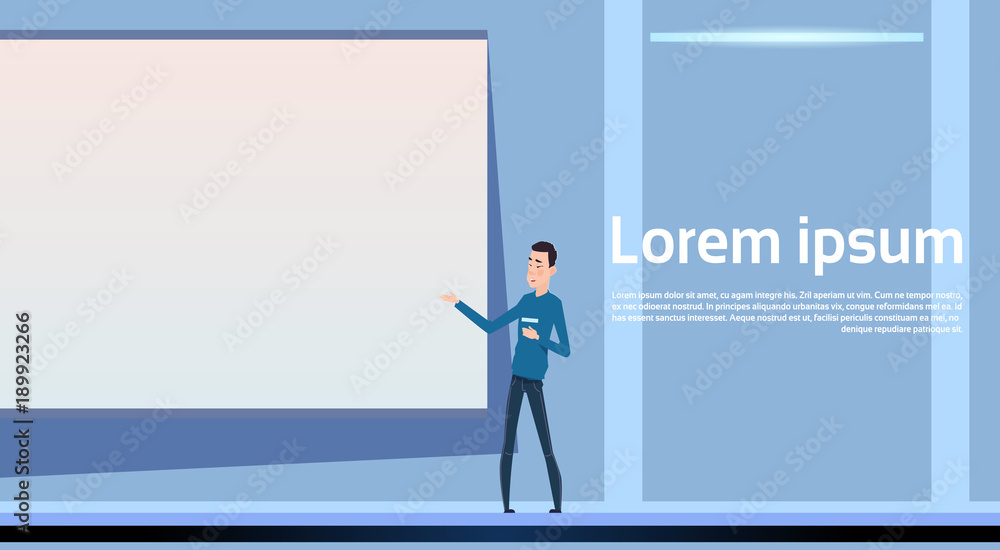Asian Man Presenting Meeting Stand At Empty Board Showing Hand Banner With Template Elements Flat Vector Illustration Asian Man Presenting Meeting Stand At Empty Board Showing Hand Banner With Template Elements Flat Vector Illustration