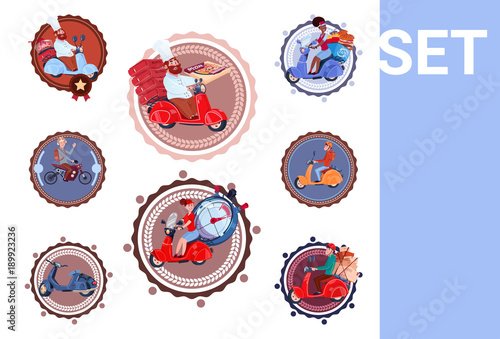 Fast Food Delivery Icons Set Template Logos In Vintage Style Courier Service Collection Flat Vector Illustration