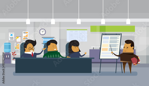 Asian Business Man Holding Presentation Or Finance Report In Modern Office With Group Of Businesspeople Team Flat Vector Illustration