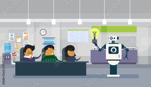 Modern Robot Giving Light Bulb To Group Of Asian Business People Sitting At Office Desk Brainstorming New Ideas Flat Vector Illustration