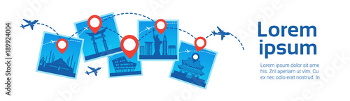 Korea Landmarks Travel Destanations Concept Plane Fly Over Famous Buildings Template Background Flat Vector Illustration