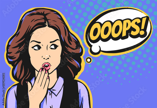 Pop art surprised brunette girl face with open mouth speak oops or ooops. Comic woman with speech bubble.