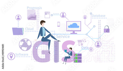 GIS Software Concept, Geographic Information System. Vector illustration on blue background.