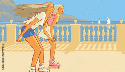 Two happy girls rollerblading on the promenade of sea . On a mountains and yacht background . Fluttering hairs in the wind.