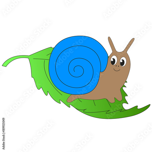 Cute cartoon snail sits on a green leaf.