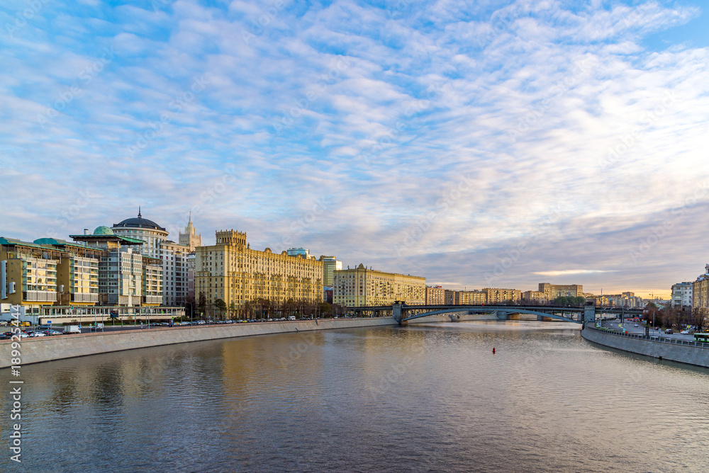 Moscow, Russia. Views of Smolenskaya embankment and Borodino bridge