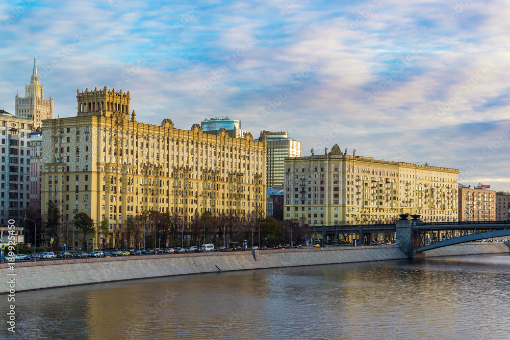 Moscow, Russia. Views of Smolenskaya embankment and Borodino bridge