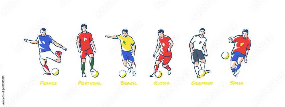 Soccer players kicks the ball. Soccer world cup teams Germany, Brasil, Russia, france, Portugal, Spain. Colorful vector illustration. Soccer players kicks the ball. Soccer world cup teams Germany, Brasil, Russia, france, Portugal, Spain. Colorful vector illustration.