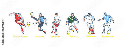 Soccer players kicks the ball. Soccer world cup teams South Korea, Uruguay, Denmark, Mexico, England, Argentina. Colorful vector illustration