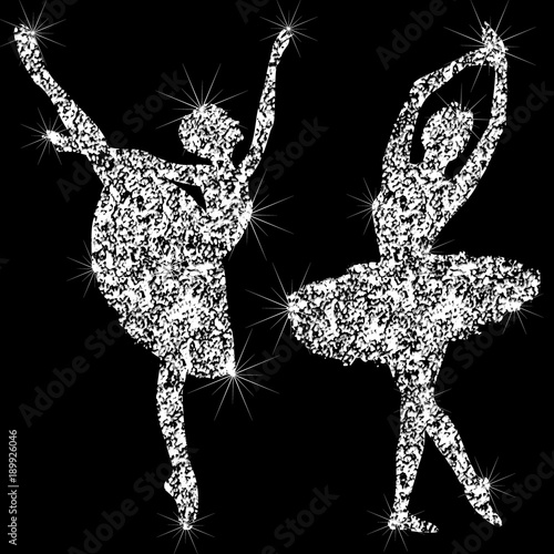 A set of shiny sparkling ballerin icons. Silhouettes of jewelry dancing ballerinas. Brilliant icon. The effect of a diamond. Transparent silvery jeweler icon.