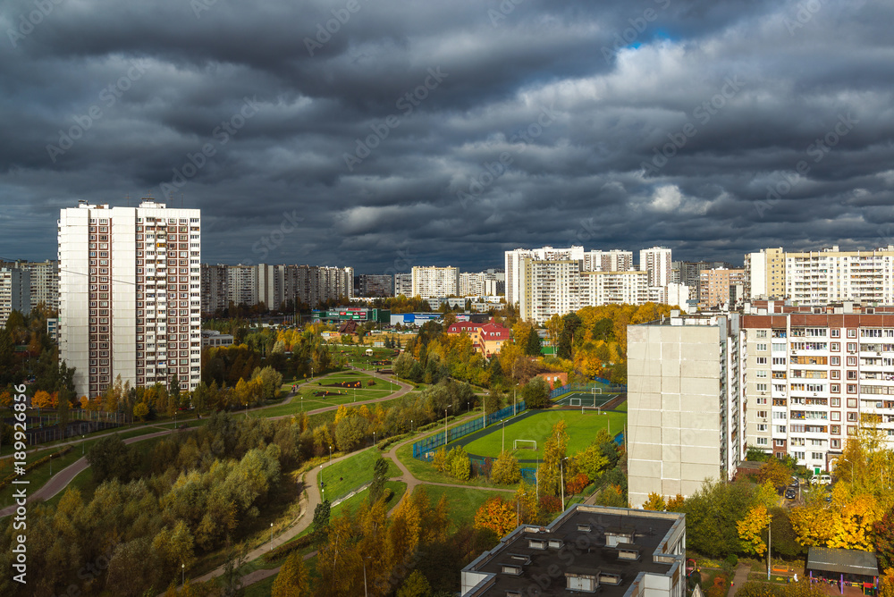Moscow, Russia. 16 microdistrict of city of Zelenograd in cloudy weather