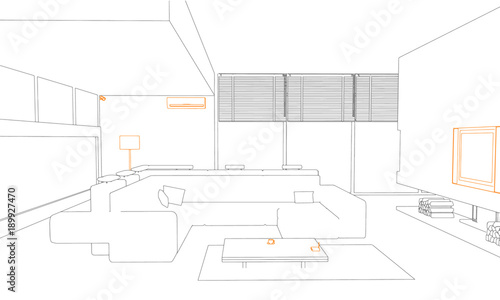 Ink sketch modern interior with electrical appliances, tv, lamp, security camera, wi-fi router, conditioner.