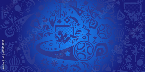 Soccer world international competition abstract blue wallpaper dynamic concept modern design, sports, football symbols, soccer ball, russian folk art elements, russian balalaika, doll, pattern vector