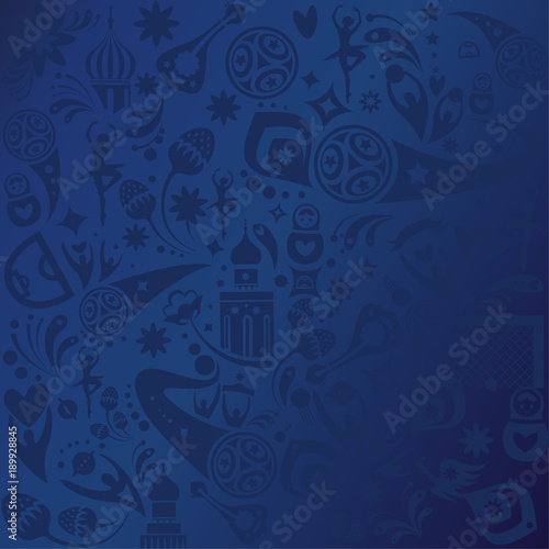 Soccer world international championship blue pattern concept modern design, sports, football symbols, soccer ball, russian folk art elements blue pattern, banner vector template