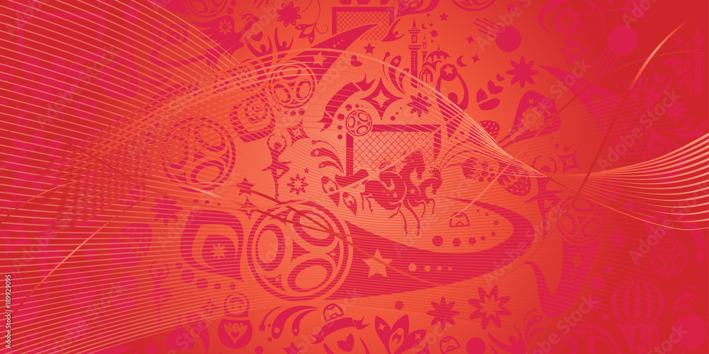Naklejka premium Soccer world competition abstract wallpaper concept modern dynamic shapes, lines design, sports, football symbols, soccer ball, russian folk art elements red pattern, banner vector template