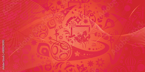 Soccer world competition abstract wallpaper concept modern dynamic shapes, lines design, sports, football symbols, soccer ball, russian folk art elements red pattern, banner vector template