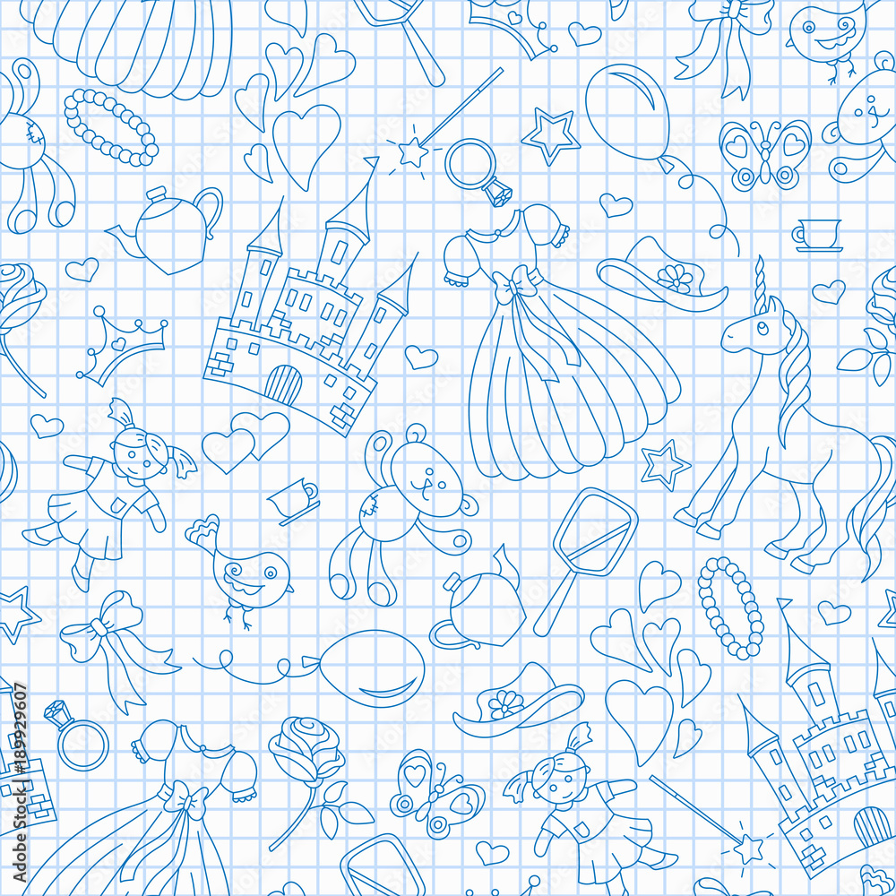 Seamless pattern on the theme of Hobbies baby girls, simple contour icons,blue contour icons on the clean writing-book sheet in a cage Seamless pattern on the theme of Hobbies baby girls, simple contour icons,blue contour icons on the clean writing-book sheet in a cage