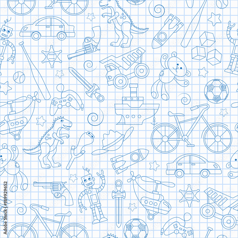 Seamless pattern on the theme of childhood and toys, toys for boys, blue  contour  icons on the clean writing-book sheet in a cage