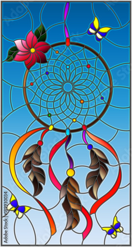 Illustration in stained glass style with dream catcher and butterflies on sky background