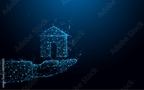 Abstract Hand holding a small house form lines and triangles, point connecting network on blue background. Illustration vector