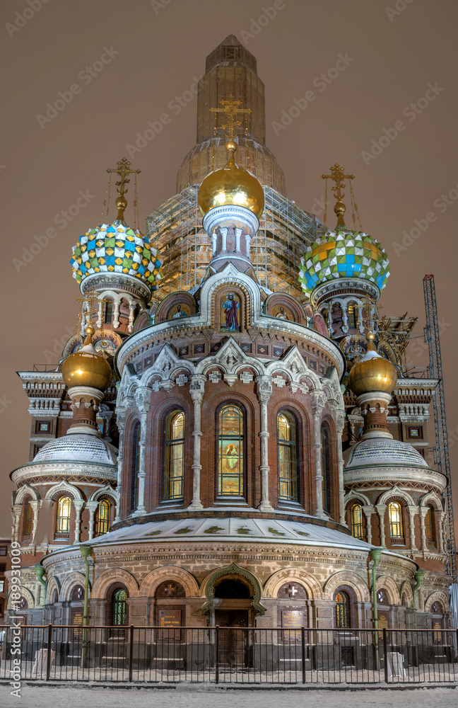 Dome and Crosses of Church Savior on Spilled Blood Saint Petersburg, Russia. Night photo.