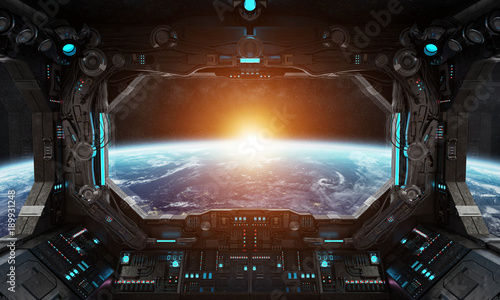 Print op canvas Spaceship grunge interior with view on planet Earth