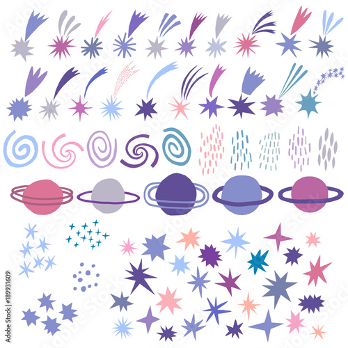 Vector space illustration. Planets, stars, universe, galaxy doodle set