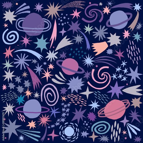 Vector space illustration. Planets, stars, universe, galaxy doodle set