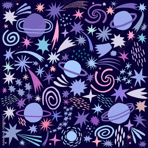 Vector space illustration. Planets, stars, universe, galaxy doodle set