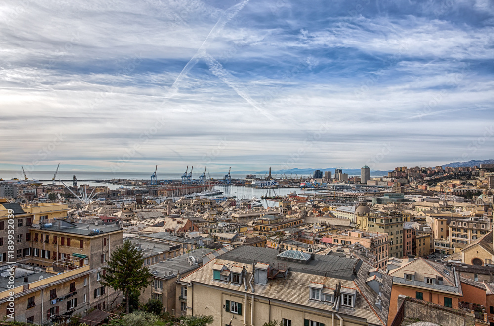 GENOA (GENOVA), ITALY, JANUARY 20, 2018 - Aerial view of Genoa, Italy, the harbor with the hiistoric centre, Italy, Europe
