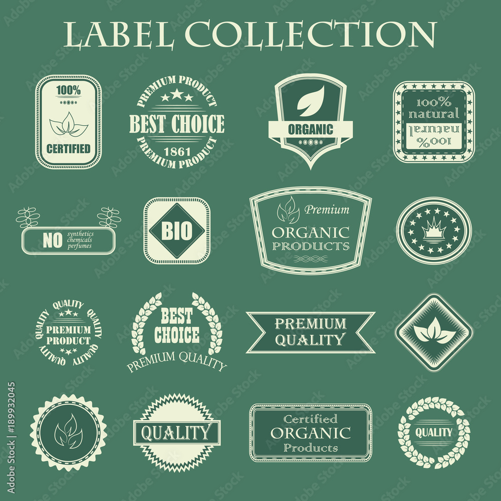 Natural organic product labels, emblems and badges. Vector set of design elements