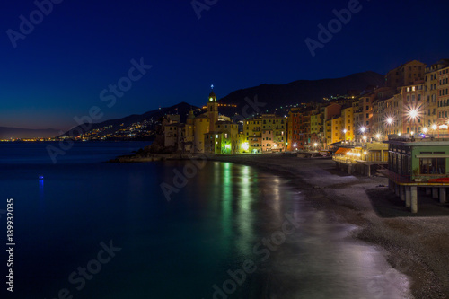 CAMOGLI  ITALY  JANUARY 13  2018 - Panoramic view of city of Camogli by night   Genoa  Genova  Province  Liguria  Mediterranean coast  Italy