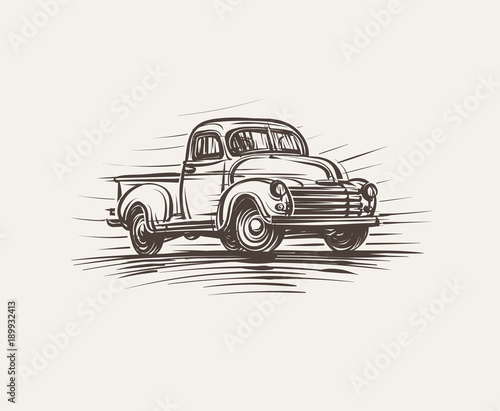 Retro American Pickup Truck hand drawn illustration. Vector.
