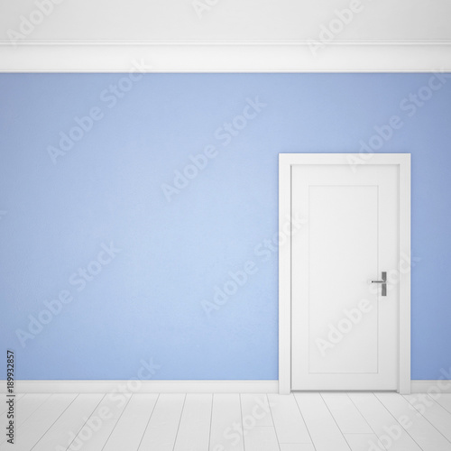 Empty room interior with blue wall and white parquet
