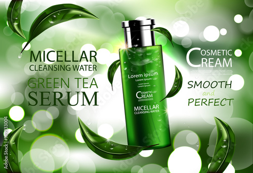 Luxury cosmetic Bottle package skin care cream, Green tea serum, Beauty cosmetic product poster, with Bokeh and Water background