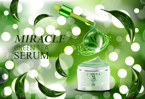 Luxury cosmetic Bottle package skin care cream, Green tea serum, Beauty cosmetic product poster, with Bokeh and Water background