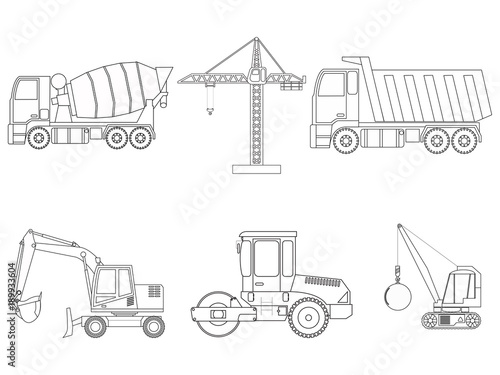 Set of construction machinery. Line art. Children's coloring. Vector illustration